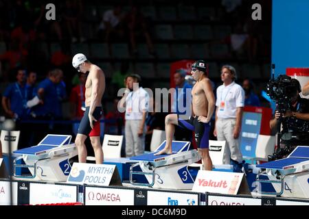 (R-L) Akihiro Yamaguchi (JPN), Nicolas Fink (USA), JULY 28, 2013 - Swimming : FINA Swimming World Championships Men's 100m Breaststroke Heats at Palau Sant Jordi arena in Barcelona, Spain. (Photo by D.Nakashima/AFLO) Stock Photo