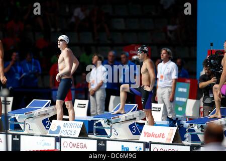 (R-L) Akihiro Yamaguchi (JPN), Nicolas Fink (USA), JULY 28, 2013 - Swimming : FINA Swimming World Championships Men's 100m Breaststroke Heats at Palau Sant Jordi arena in Barcelona, Spain. (Photo by D.Nakashima/AFLO) Stock Photo