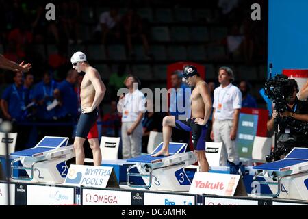 (R-L) Akihiro Yamaguchi (JPN), Nicolas Fink (USA), JULY 28, 2013 - Swimming : FINA Swimming World Championships Men's 100m Breaststroke Heats at Palau Sant Jordi arena in Barcelona, Spain. (Photo by D.Nakashima/AFLO) Stock Photo