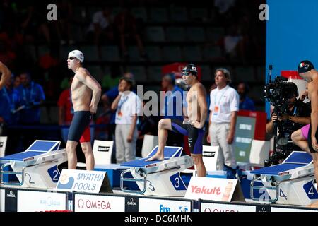 (R-L) Akihiro Yamaguchi (JPN), Nicolas Fink (USA), JULY 28, 2013 - Swimming : FINA Swimming World Championships Men's 100m Breaststroke Heats at Palau Sant Jordi arena in Barcelona, Spain. (Photo by D.Nakashima/AFLO) Stock Photo