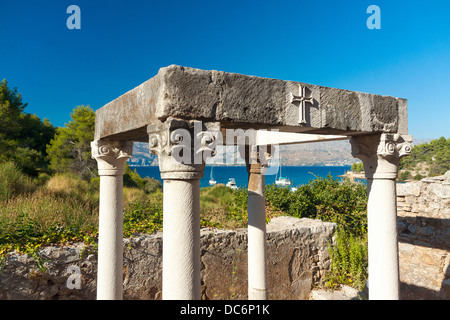 Ruins of early Christian basilica from the 5th-6th century near Lovrecina beach on Brač island, Croatia Stock Photo