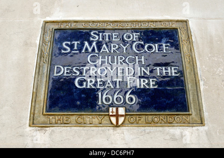 Blue plaque marking the site of St. Mary Cole Church destroyed in the Great Fire 1666, Old Jewry, EC2, London, UK Stock Photo
