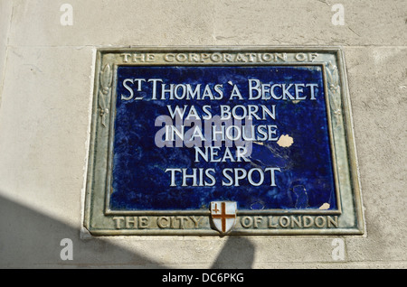 Blue plaque marking the birthplace of Archbishop of CanterburyThomas Becket, Cheapside, City of London, London, UK. Stock Photo