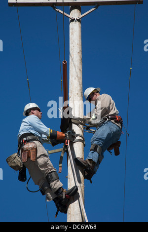 Electric utility linemen climb poles to make repairs during the annual ...
