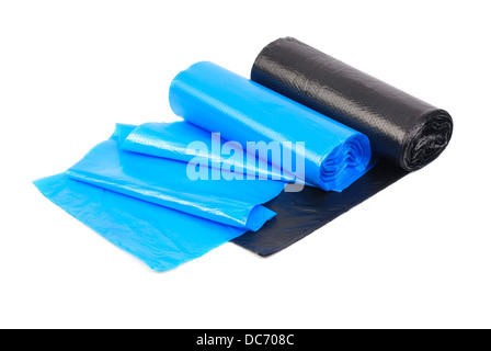 roll of blue and black garbage bags on a white background Stock Photo