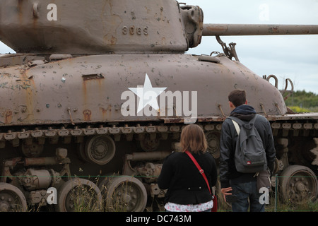 Sherman Tank abandoned at Utah Beach, Normandy, now a memorial to those who died liberating France. Stock Photo