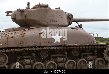 Sherman Tank abandoned at Utah Beach, Normandy, now a memorial to those who died liberating France. Stock Photo