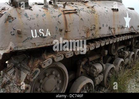 Sherman Tank abandoned at Utah Beach, Normandy, now a memorial to those who died liberating France. Stock Photo