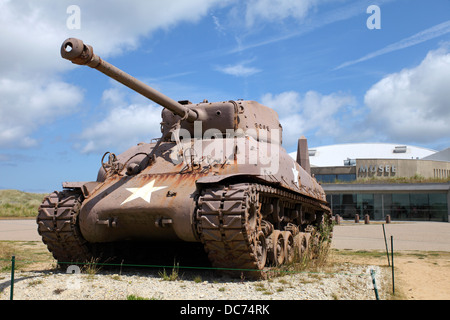 Sherman Tank abandoned at Utah Beach, Normandy, now a memorial to those who died liberating France. Stock Photo