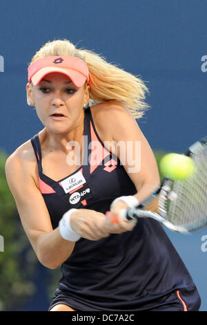Toronto, Ontario, Canada. 10th Aug, 2013. Toronto, Ontario, Canada, August 10, 2013. Agnieszka Radwanska (POL) in action against Serena Williams (USA) in semi final action during the WTA Rogers Cup at Rexall Centre in Toronto, Ontario, Canada on August 10th. Williams won 7-6(3), 6-4.Gerry Angus/CSM/Alamy Live News Stock Photo