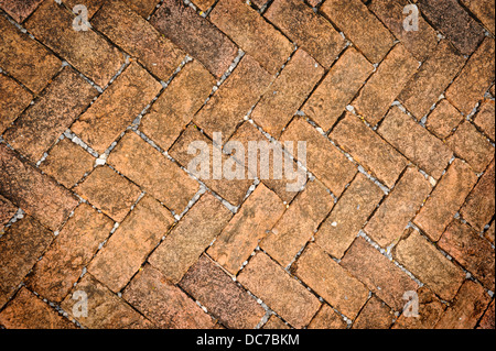 Old dirty brick stone floor texture in garden. Stock Photo