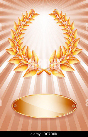 Bronze award laurel wreath and label for jubilee text or competition winner over sun rays background. Illustration Stock Photo