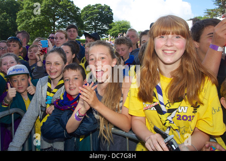 A group of scouts is having fun at the annual Cornwall Scout Jamboree at Pencarrow Stock Photo