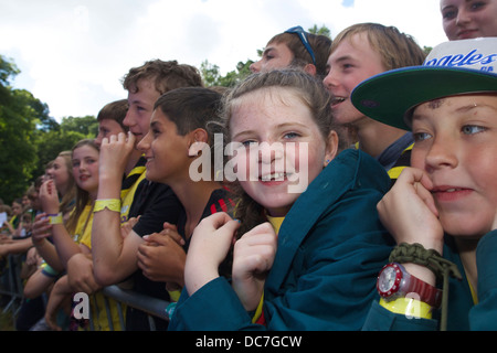 A group of scouts is having fun at the annual Cornwall Scout Jamboree at Pencarrow Stock Photo