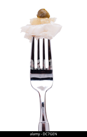 White isolated Zander with lemon and caper on a fork Stock Photo