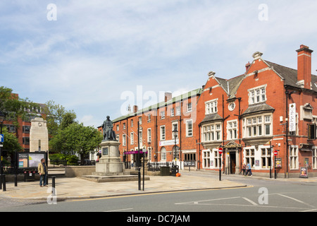 Nelson Square in Bolton, Lancashire. The square includes a statue of Samuel Crompton  and the Bolton Artillery war memorial. Stock Photo