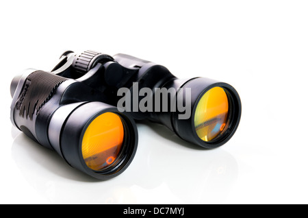 Black binoculars with orange lens isolated on white background Stock Photo