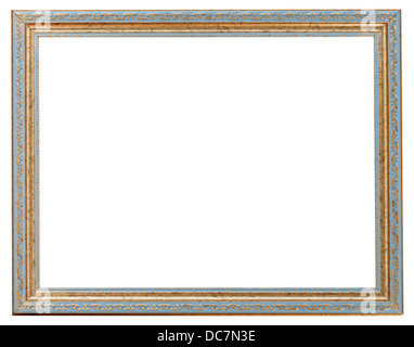blue and gold ancient narrow picture frame with cutout canvas isolated on white background Stock Photo