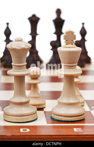 view of set of chess pieces from king and queen close up Stock Photo