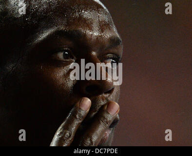 Moscow, Russia. 11th Aug, 2013. Usain Bolt of Jamaica wins the Men's 100m final at the 14th IAAF World Championships at Luzhniki stadium in Moscow, Russia, 11 August 2013. Photo: Bernd Thissen - recrop -/dpa/Alamy Live News Stock Photo