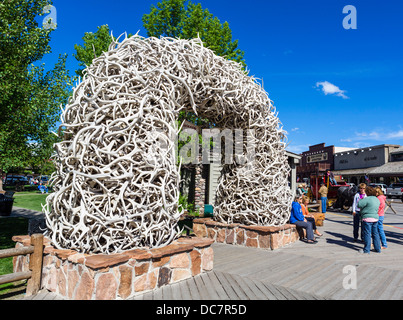 Arch of shed Elk antlers in the town square, Jackson, Wyoming, USA Stock Photo