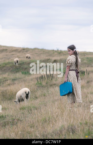 a girl in a vintage dress on a meadow with sheeps Stock Photo