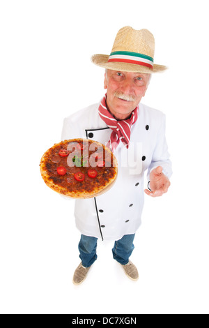 Italian cook holding pizza in wide angle Stock Photo