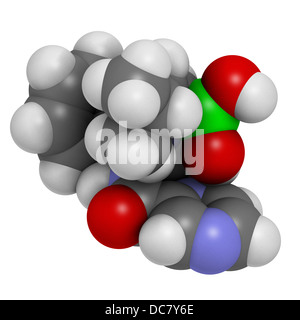 Bortezomib cancer drug (proteasome inhibitor), chemical structure. Atoms are represented as spheres with conventional color code Stock Photo