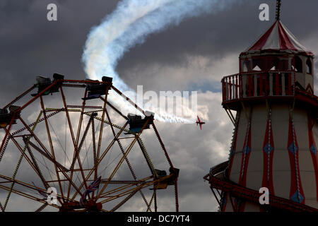 RAF Red Arrows performing at the 35th Bristol International Balloon Fiesta. Bristol, England, UK. Stock Photo