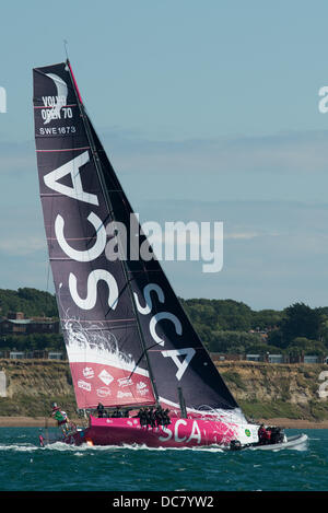 Isle of Wight, UK. 11th Aug, 2013. Team SCA, a Volvo 70 in the IRC Z class (SWE 1673 sail number) full length view at the start of the Fastnet 2013 race shortly after departing from Cowes on the 11th August 2013 Credit:  MeonStock/Alamy Live News Stock Photo