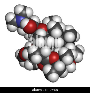 Clarithromycin antibiotic drug (macrolide class), chemical structure. Atoms are represented as spheres with conventional color Stock Photo