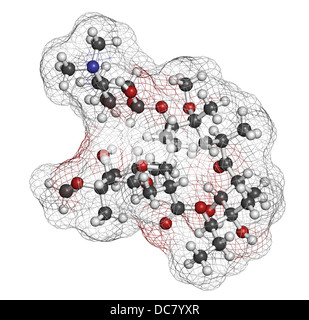 Clarithromycin antibiotic drug (macrolide class), chemical structure. Atoms are represented as spheres with conventional color Stock Photo