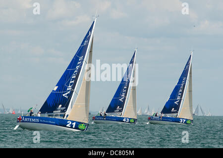 Isle of Wight, UK. 11th Aug, 2013. Artemis 21, 43 and 37 sail in formation shortly after departing from Cowes for the Fastnet 2013 race on 11th August 2013 Credit:  MeonStock/Alamy Live News Stock Photo