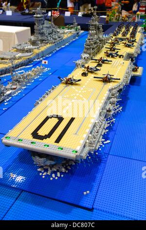 World War II USS Yorktown CV10 (Essex class) aircraft carrier by Marcello De Cicco. Over 26,000 Lego bricks, weighs 76 pounds, 8 feet 6 inches long, 21 inches tall and 18 inches wide, separates into 4 sections, took 2 years 3 months to build. Stock Photo