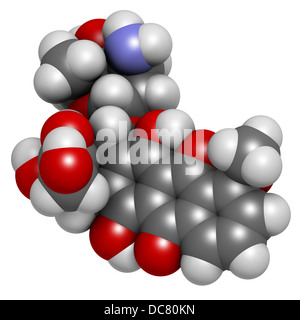 Doxorubicin cancer chemotherapy drug, chemical structure. Atoms are represented as spheres with conventional color coding Stock Photo