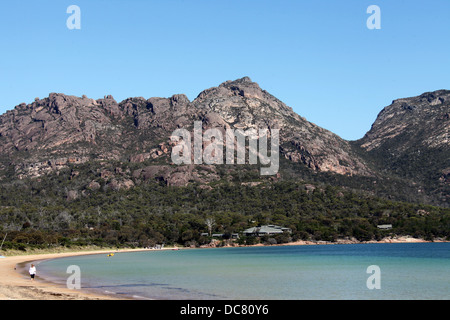 Freycinet Lodge which is on the east coast of Tasmania  surrounded by pink granite mountains and sapphire blue sea Stock Photo