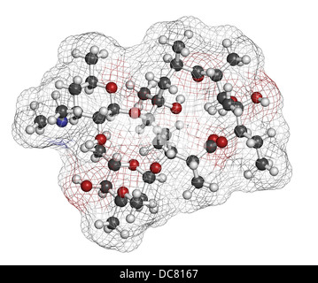 Erythromycin antibiotic drug (macrolide class), chemical structure Atoms are represented as spheres with conventional color code Stock Photo