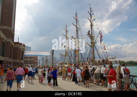 A crowd gathers to view the Sørlandet and other tall ships docked at Chicago's Navy Pier for Tall Ships 2013. Stock Photo