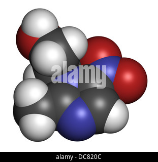 Metronidazole antibiotic drug (nitroimidazole class), chemical structure. Atoms are represented as spheres. Stock Photo