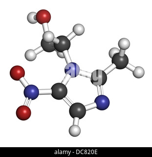 Metronidazole antibiotic drug (nitroimidazole class), chemical structure. Atoms are represented as spheres. Stock Photo