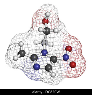 Metronidazole antibiotic drug (nitroimidazole class), chemical structure. Atoms are represented as spheres. Stock Photo