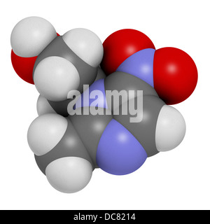 Metronidazole antibiotic drug (nitroimidazole class), chemical structure. Atoms are represented as spheres. Stock Photo