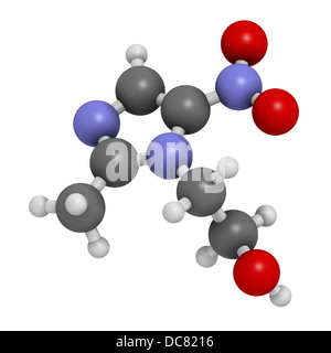 Metronidazole antibiotic drug (nitroimidazole class), chemical structure. Atoms are represented as spheres. Stock Photo