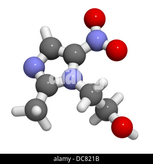 Metronidazole antibiotic drug (nitroimidazole class), chemical structure. Atoms are represented as spheres. Stock Photo