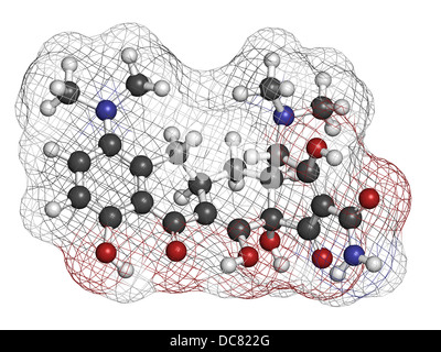 Minocycline antibiotic drug (tetracycline class), chemical structure. Atoms are represented as spheres with conventional color Stock Photo