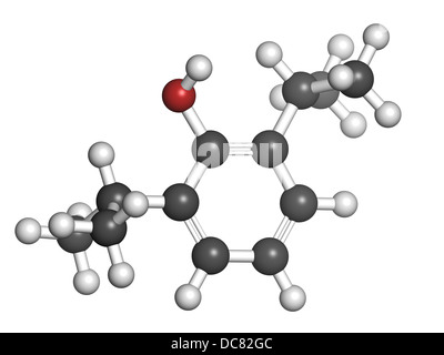 Propofol anesthetic drug, chemical structure. Atoms are represented as spheres with conventional color coding Stock Photo