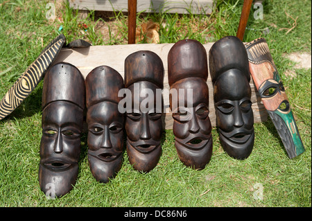 Wooden masks for sale at the Craft Market, Knysna, Western Cape, South Africa Stock Photo