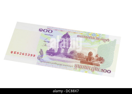 Cambodian one hundred riel note on a white background Stock Photo