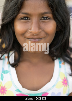 Portrait of young beautiful Indian girl by the Ganges River ( Varanasi ) India Stock Photo