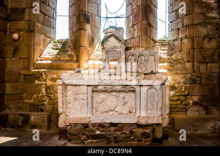 The main altar of the church in the ruins of Oradour-sur-Glane village, Haute-Vienne department, Limousin, west-central France, Europe. Stock Photo